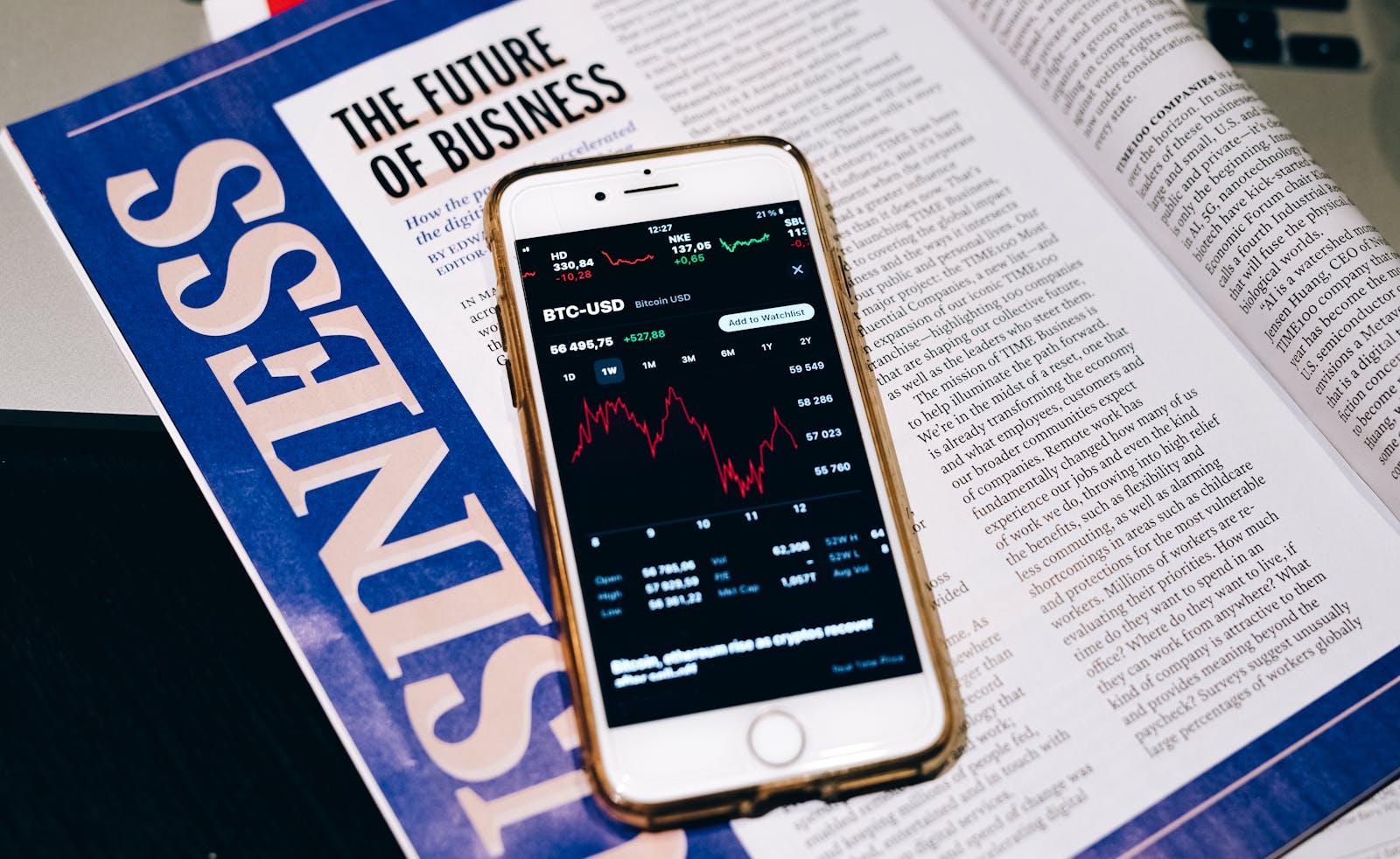 Close-up of a smartphone with a cryptocurrency graph placed on an open business magazine, highlighting economic trends.